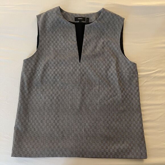 Theory Women’s Optical Wool Split Neck Sleeveless Top Black Ivory Large - Picture 3 of 8